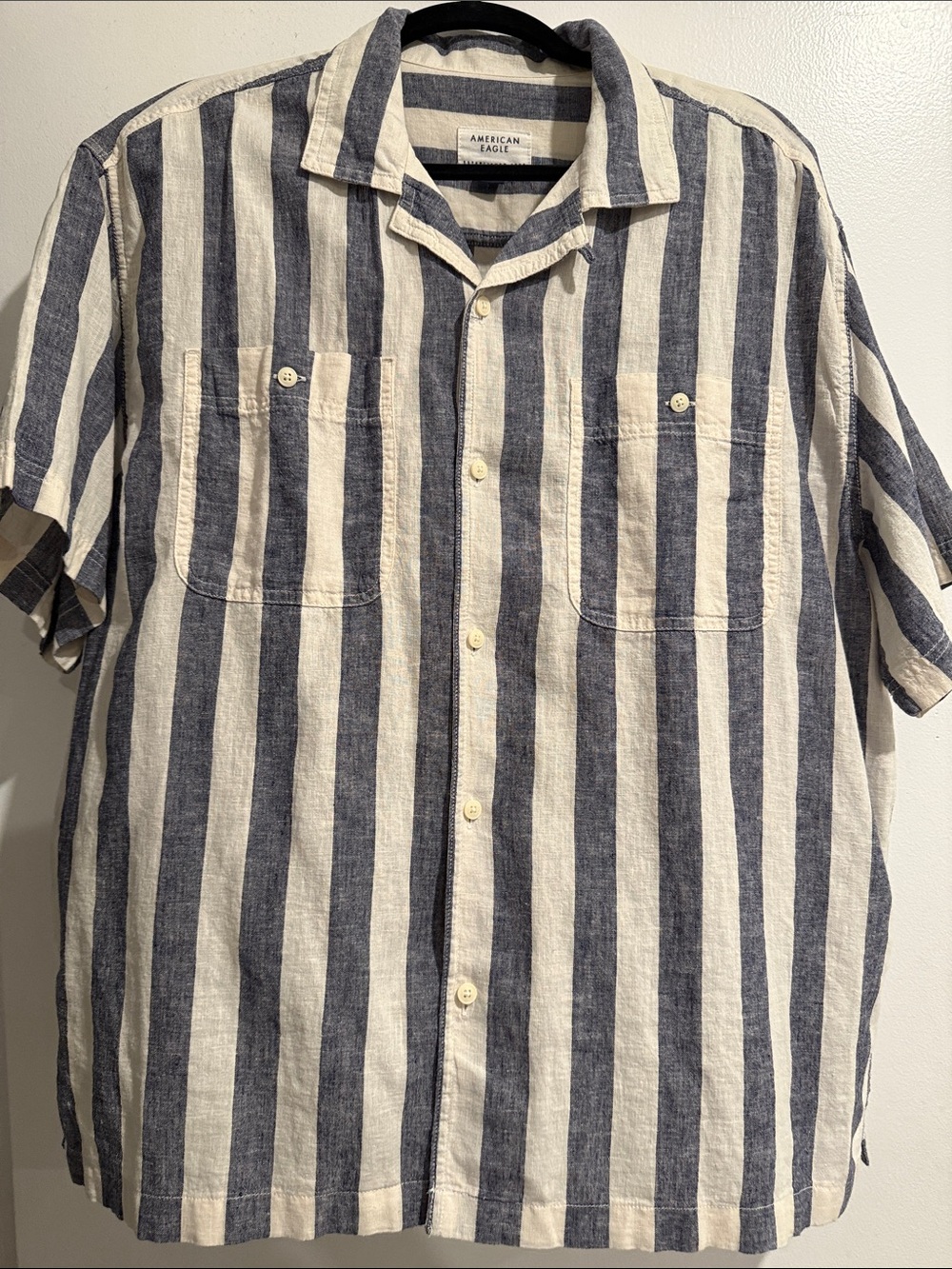 American Eagle Men’s Poolside Linen Blend Striped Camp Shirt Large EUC